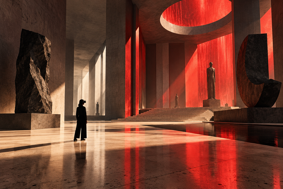 A visitor explores a dramatic modernist gallery in virtual reality