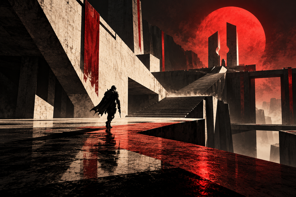 A lone sci-fi character enters a monumental arena beneath a crimson sun