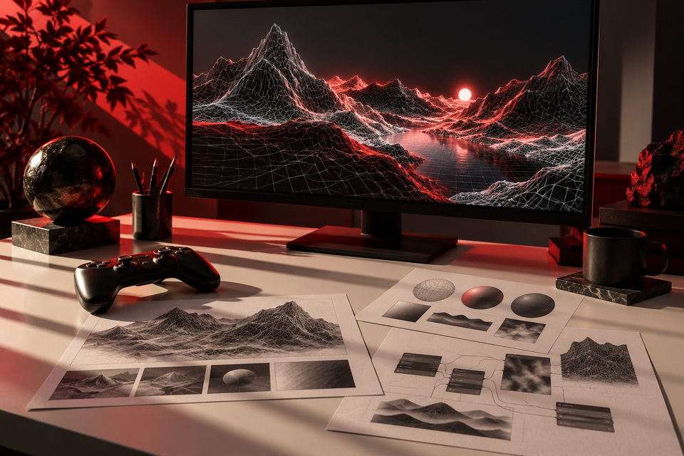 A game developer's desk with a controller and a glowing wireframe landscape on screen
