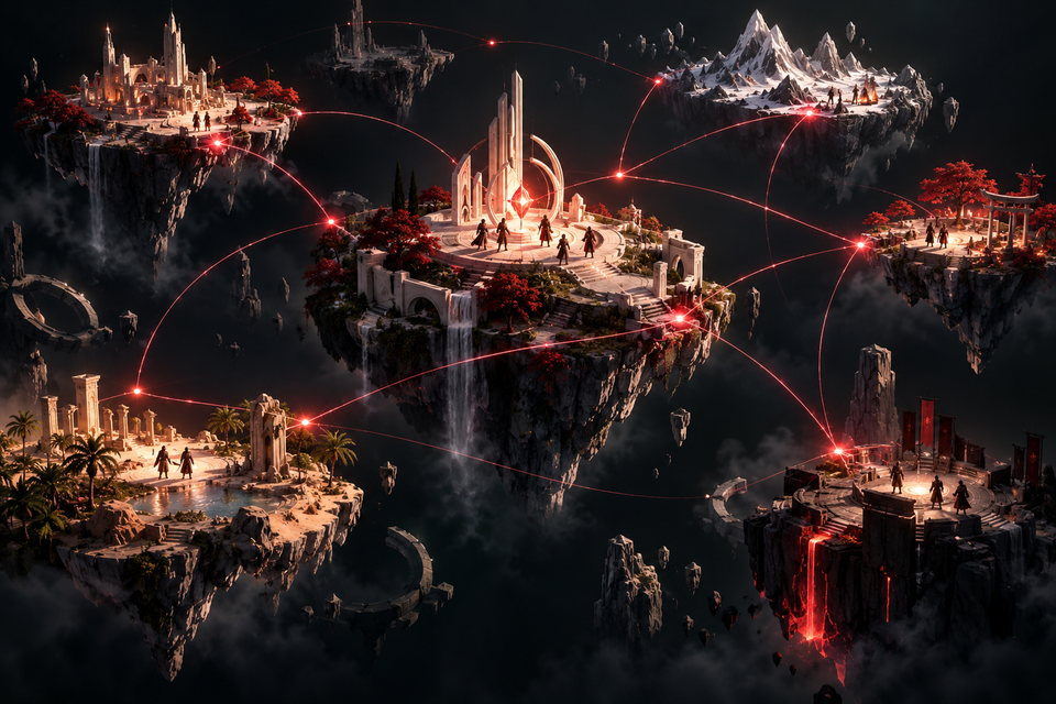 Floating game worlds connected by a glowing multiplayer network