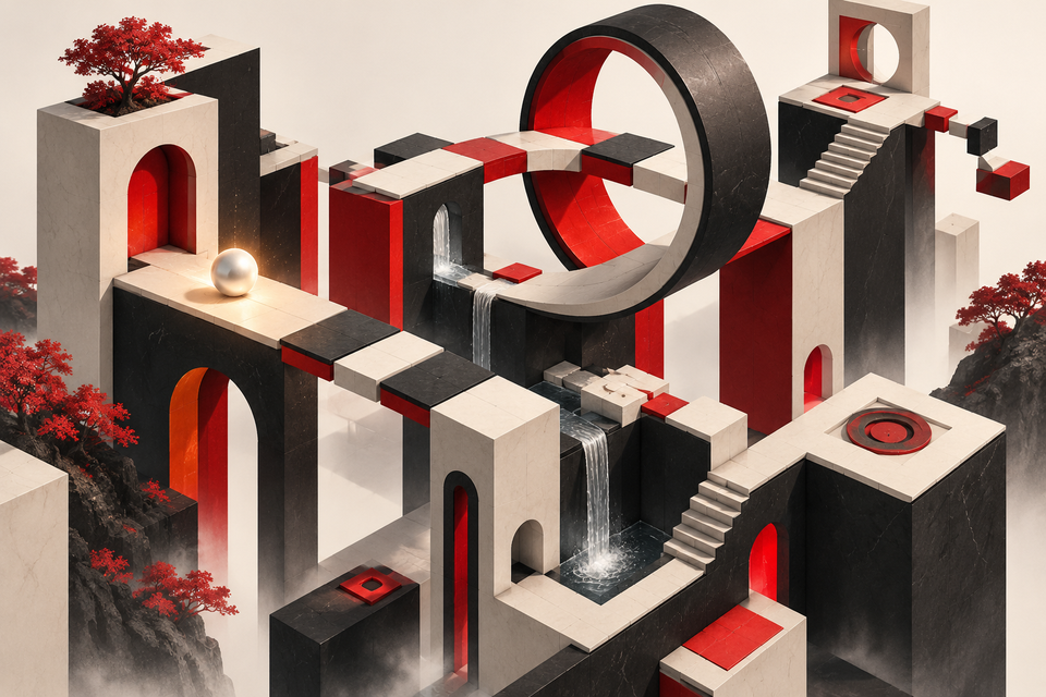 A geometric puzzle world of impossible platforms, arches and a bright sphere