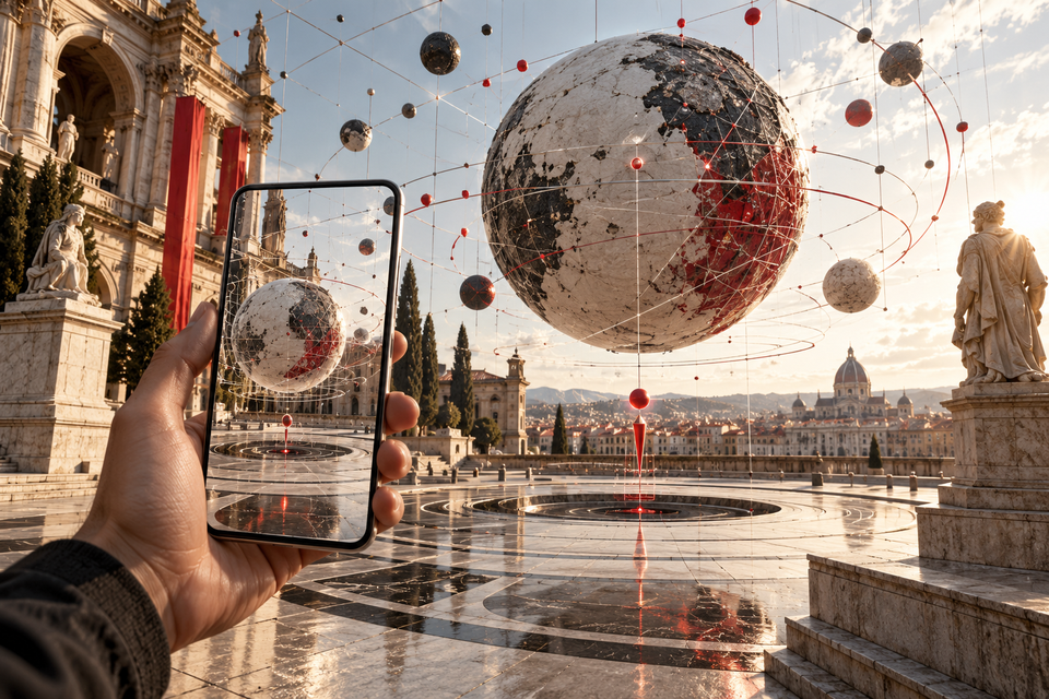 An augmented reality view layers a floating spatial globe over a city plaza
